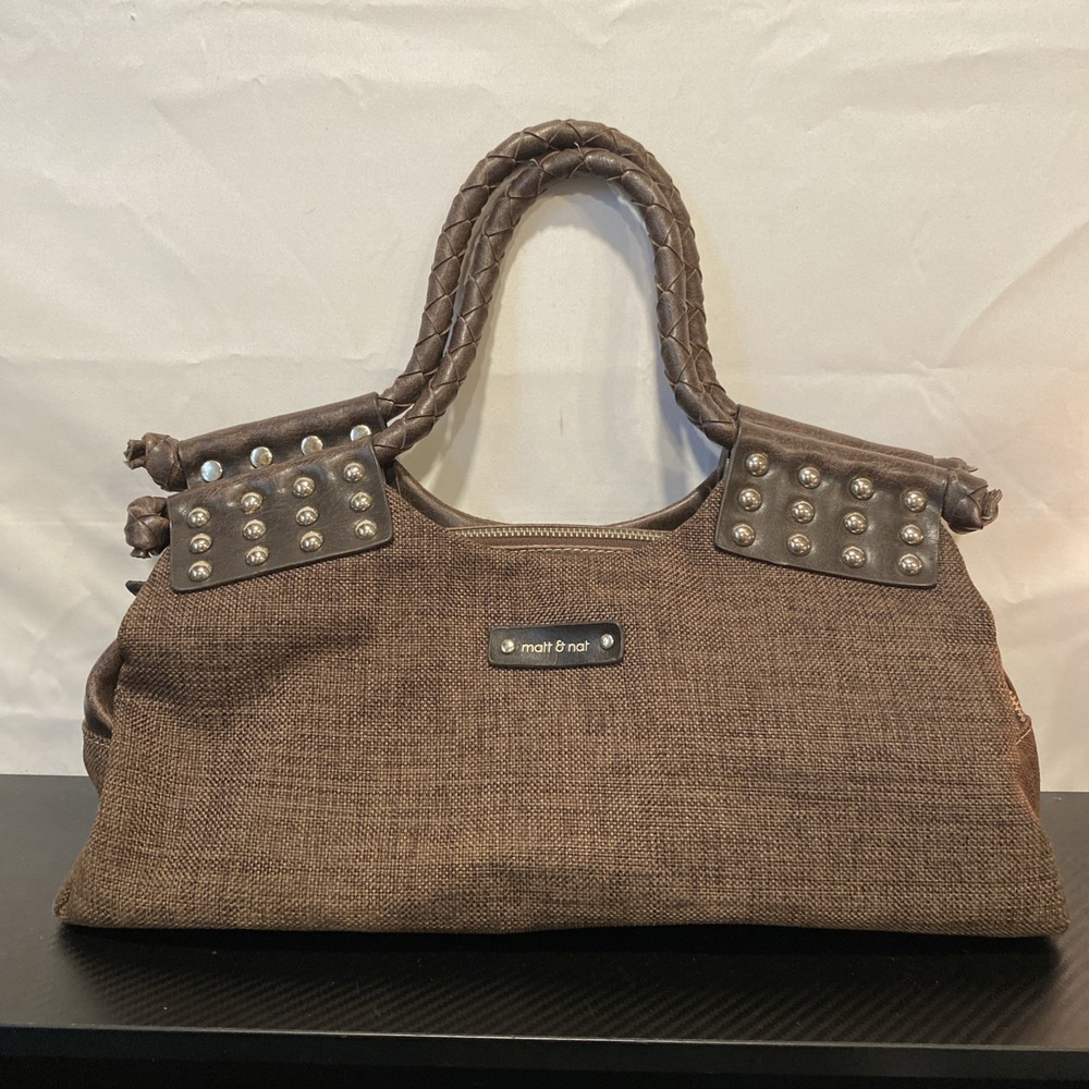 Matt & Nat Women Brown‎ Fabric Leather Silver Studs Satchel One Size